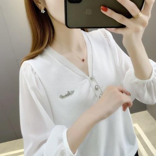 Room 199733 4 row 3 lower] real shot V-neck Pullover lace stitching knitted short sleeve 54