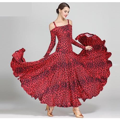 2019 New Leopard Modern Dance Dress Sexy Off-shoulder Long Sleeve Waltz Tango Spanish Flamenco Dress Standard Ballroom Dresses