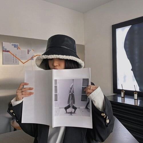 2021 Top Autumn Winter Bucket Hats Women PU and cotton leather Panama Hat Thick Warm Plush Fisherman Cap For girl fisherman hat