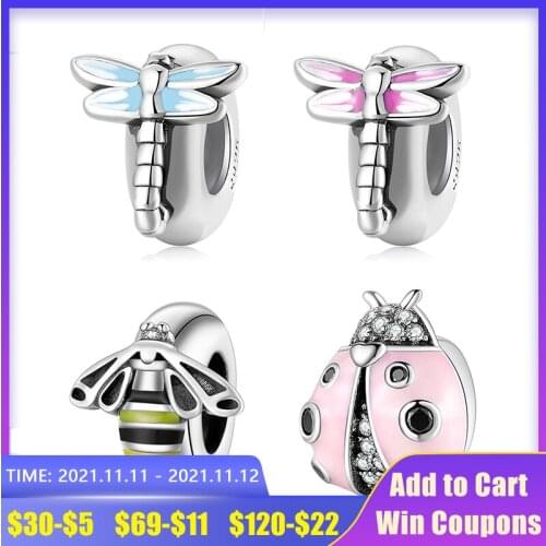 Fit Original europeu Charm Bracelet Spacer Stopper Beads 925 Silver Red Ladybug Enamel Beads fine DIY Jewelry making 2019