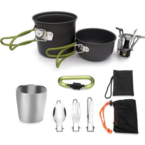 Aluminum alloy Outdoor Camping Hiking Tableware Portable Cookware Cooking Picnic Set Pot bowl Cup with Gas Stove Carabiner