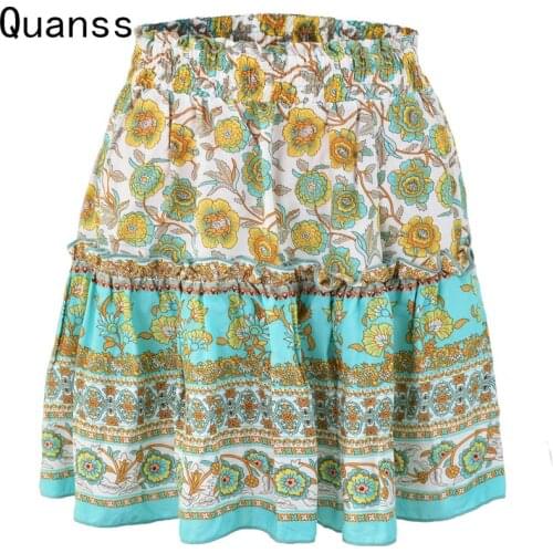 Quanss Summer Floral Print Boho Beach Loose Short Skirt Women 2021 Fashion Ruffles Casual Holiday Loose Short Skirts Streetwear