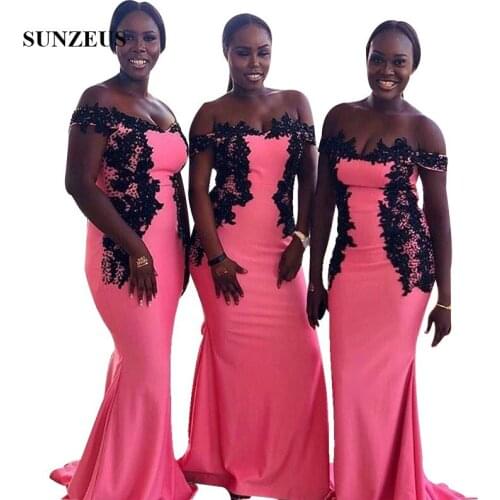 Mermaid Watermelon Bridesmaid Dress With Black Appliques Beads Off Shoulder Party Long Dress Black Women Wedding Guest Gown