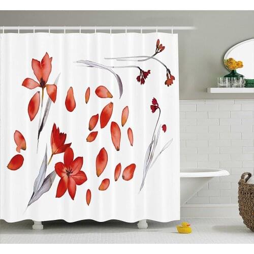 Floral Shower Curtain Autumn Flowers and Leaves Petals Illustration in Watercolors Painting Artwork Waterproof Bath Curtains