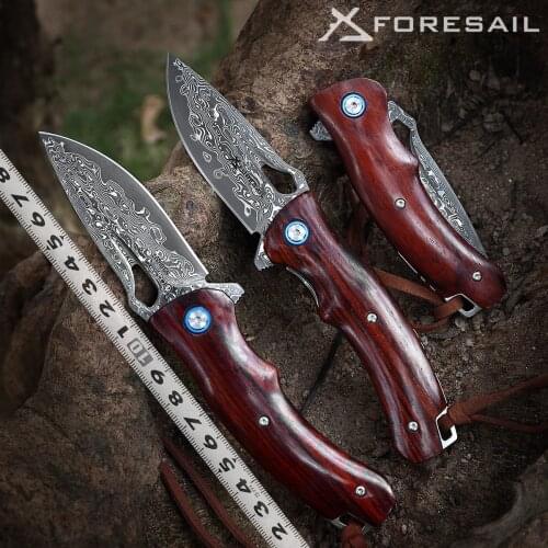 FORESAIL-VG10 Damascus Steel folding knife Pocket Knife Outdoor High Hardness Sharp Tactical Knives wood Handle Knives EDC Tool