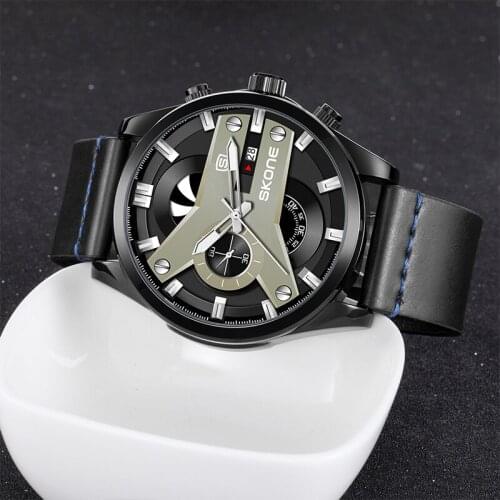 SKONE Luxury Mens Watches Leather 24 Hour Date Quartz Watch Sports Chronograph Waterproof Men Full Steel Wrist Watches Clock