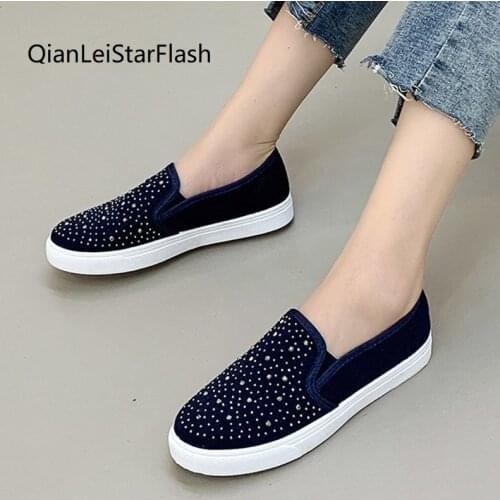 Crystal Slip on Flat Shoes Woman Loafers Black Sequined Cloth Cotton Casual Shoes Women Flats Grey Sneakers Spring Autumn