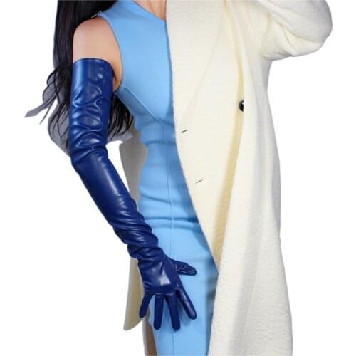 EXTRA LONG FASHION GLOVES FEMALE Faux Leather Sheepskin PU 28" 70cm Evening Party Leather Gloves Women Blue Navy WPU185
