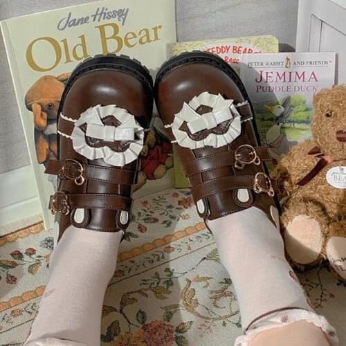 Metal Bear Cute Buckle Lolita Womens Shoes Japanese Thick Soled Round Head Students Jk Uniform Cosplay Anime Goth Kawaii Sweet