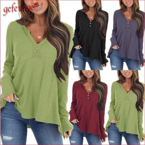 2021 Autumn Fashion Womens Clothing Street Casual Button V-neck Long Sleeve Loose Basic T-shirt Female Tunic Ribbed Knit Top