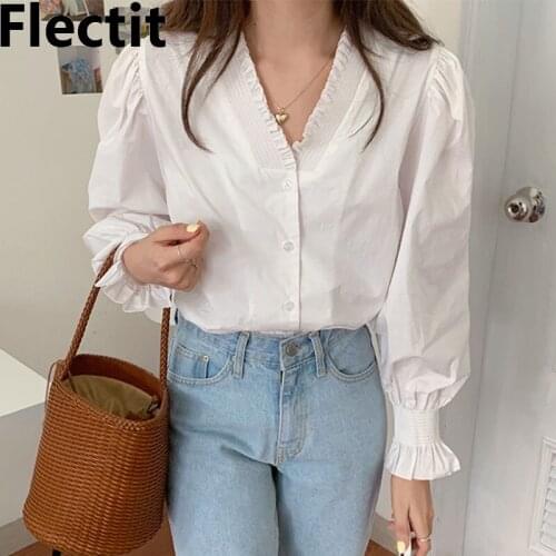 Flectit Vintage Blouse With Frill Trim Puff Sleeve V-Neck Button Front Ruffed Womens Blouses & Shirts