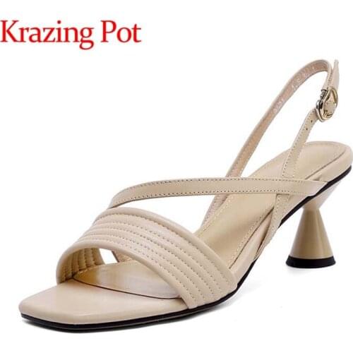 Krazing pot genuine leather high heels round toe strang style European style gentlewomen buckle straps women summer sandals L21