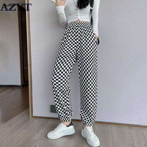AZYT Harajuku Plaid Women Sweatpants 2021 Autumn Elastic High Waist Harem Pants Female Streetwear Casual Trousers Woman Pants