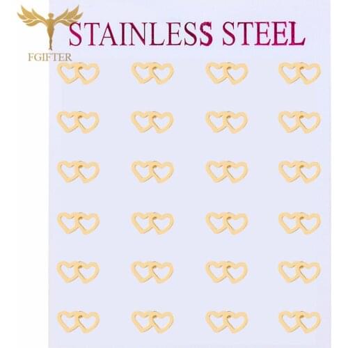 Romantic Two Interdependent Hearts Stud Earrings for Lovers Women Girls Gold Color Stainless Steel Ear Jewelry Wholesale