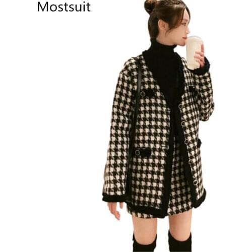Houndstooth Vintage Woolen 2 Piece Skirt Suits Set Women V-neck Cardigan Tops And Mini Skirt Suits Ladies Fashion 2 Pcs Set 2020