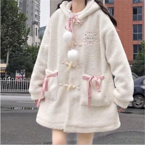 Womens Plush Hooded Coat Cute Bear Embroidery Long Sleeve Loose Wool Cardigan with Pockets Buttons Down Winter Warm Coat