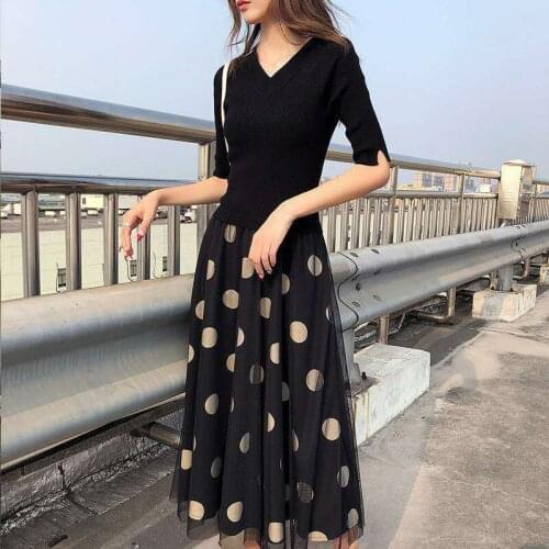 Spring Autumn Women Wave Point Half Sleeve V-neck Tea-length A-line Gauze Waist Thin Fake Two Pieces Black Women Knitted Dress