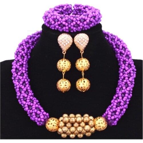 2017 Newest Purple And Gold Jewellery Set Fashionable Wedding Dubai Set Copper Beads For Brides African Nigerian Jewelry Set Hot