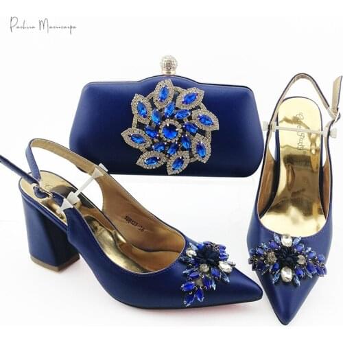 2021New Arrival Fashion Royal Blue Color Crystal Style Italian Design Nigerian Women Shoes and Bag Set for Party Wedding