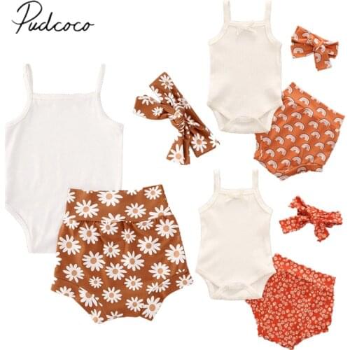 2020 Baby Summer Clothing Infant Newborn Baby Girls Vest Lace Bodysuits Tops Rainbow Daisy Shorts Bottoms Headband 3Pcs Outfits