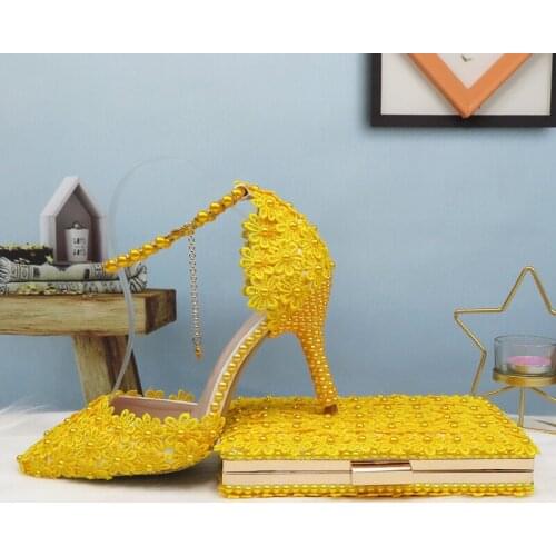 BaoYaFang Gold Flower Wedding Shoes And Bag Set Pearl Heeled Pointed Toe Ankle Strap Ladies Party shoe with matching bag Lace-up