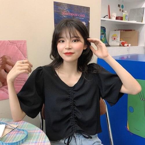 Blouse Women Shirt Lantern Sleeve V-neck Drawstring Summer Loose Short Sleeve Top for Women Blusas Mujer De Moda