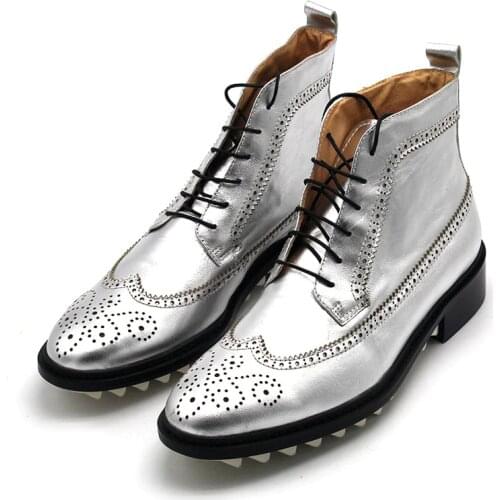 Genuine Leather Boots Men Bullock Lace Up Platform Ankle Shoes Design Casual Boots Autumn High Top Brogue Shoes Male