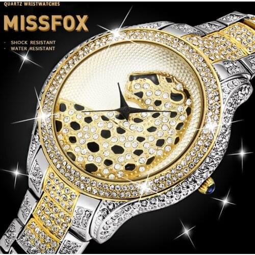 MISSFOX 3D Leopard Watch Gold And Silver Plated Diamond Mens Watches Top Brand Luxury Waterproof Dress Watch Relogio Masculino