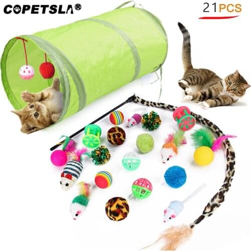 Copetsla 20/21/28 Pcs Cat Toys Kit Collapsible Tunnel Cat toy Fun Bell Feather Mice Shape Pet Kitten Dog Cat Interactive Play