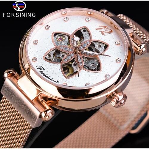 Forsining Women Watches Top Brand Luxury Mechanical Automatic Ladies Watches Creative Dial Mesh Waterproof Luminous Hands Clock