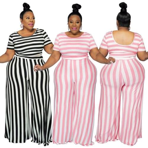 Two Piece Set Women Plus Size Clothing Summer Stripe Crop Top Elastic Waist Casual Wide Leg Pants 2 Piece Sets Elegant Outfits
