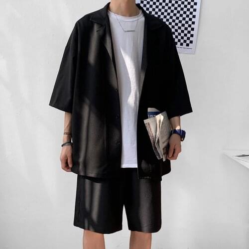 Korean Style Mens Set Suit Jacket and Shorts Solid Thin Short Sleeve Single Pocket Knee-Length Summer Oversized Clothing Man