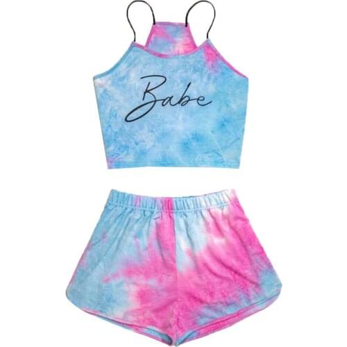 4 Colors Women Ladies Summer Tie-dye Casual Suit Sexy Letter Print Midriff-baring Sling Camisole+Loose Elasticated Waist Shorts
