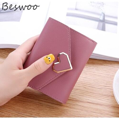 Retro Leather Mini Wallet Women 2021 Metal Heart Short Three Folds Coin Purses Multi Card Holder Casual Solid Hasp Money Clutch