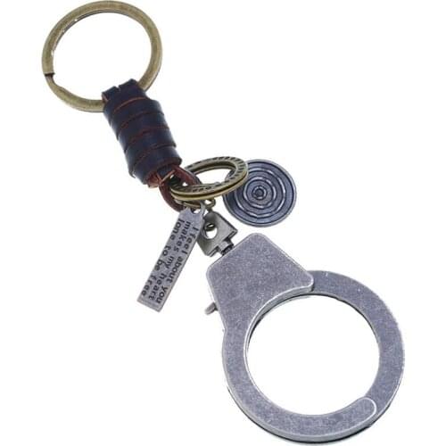 Punk Fashion Metal Keychain Big Handcuffs Vintage Genuine Leather Keyring Holder Key Chain for Key Men Car Women Bag Accessories