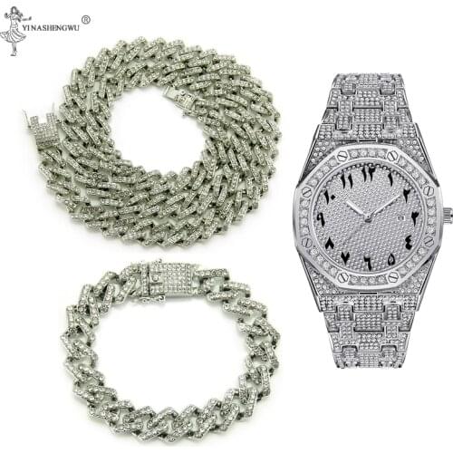 Fashion Jewelry Necklace+Watch+Bracelet Miami Curb Cuban Chains Gold Color Iced Out Paved Rhinestone Hip Hop Rapper For Men 14mm