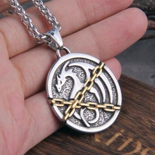 Men 316L stainless steel norse Viking Dragon with linked chain with vikings wooden box as gift