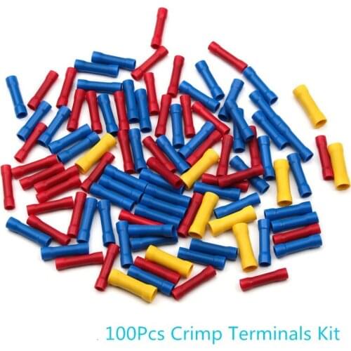 100Pcs Butt Wire Crimp Terminal Assorted Insulated Butt Electrical Wire Crimp Connector Kit Red Blue Yellow