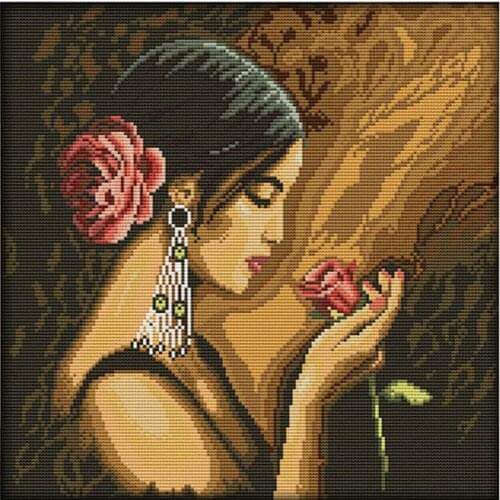 Rose Girl Counted Cross Stitch Kits Printed Fabric Embroidery Sets 11CT 14CT DIY Handmade Needlework Home Decor Canvas Paintings