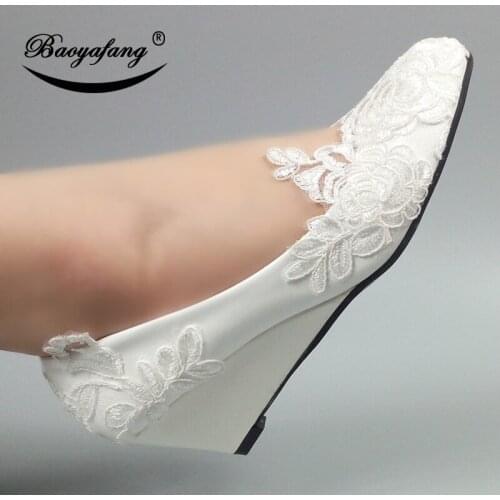 BaoYaFang 2018 New White Lace Women Wedding shoes woman Fashion 5cm Wedges Ladies party Dress shoes female fashion shoe women
