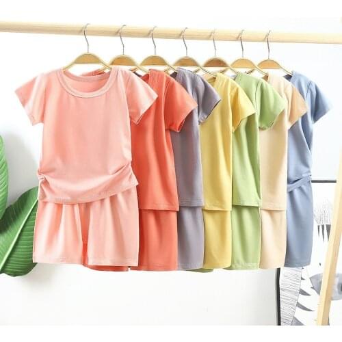 2021 new boys' solid color summer suits, home air-conditioning clothes, stretch T-shirts + shorts, two-piece childrens clothing