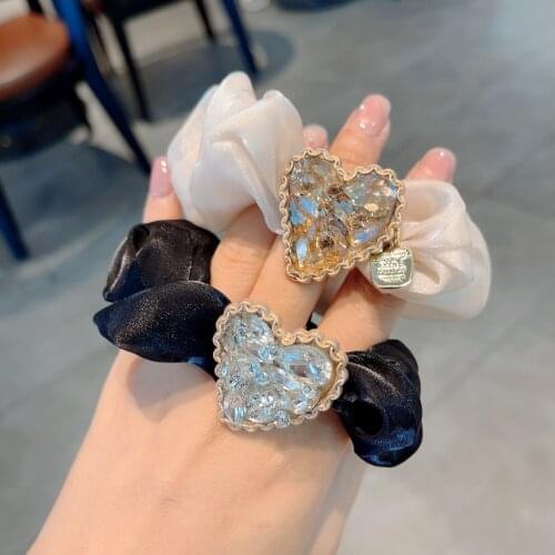 2021 New Net Red Pearlescent Silk Yarn Rhinestone Large Intestine Hair Ring Ball Head Ponytail Hair Rope Female Hair Accessories