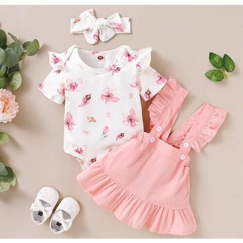 Baby girl clothes spring and summer short-sleeved cotton suit girl flower print top + solid color suspender skirt 3-piece set