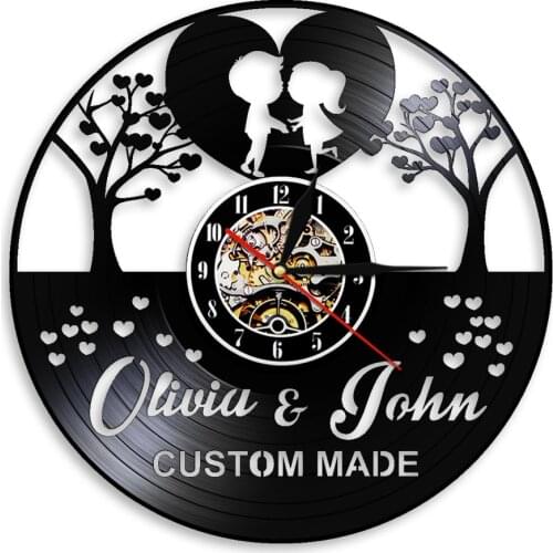 Custom Lovers Name Wedding Retro Vinyl Record Wall Clock Love Trees Couple Personalized Text Artwork Wedding Home Decor Gift