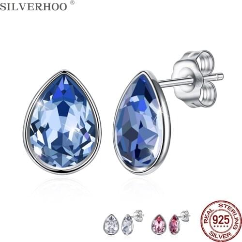 SILVERHOO S925 Sterling Silver Waterdrop Stud Earrings Austria Multicolor Crytal Hotsale Women Earrings Romantic Jewelry Gift