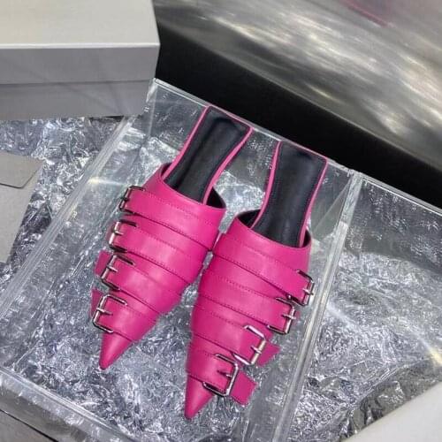 Genuine Leather Slippers Women Mules Buckles Decor Pointed Toe Flats Shoes Women Runway Heels Luxury Brand Design Woman Shoes