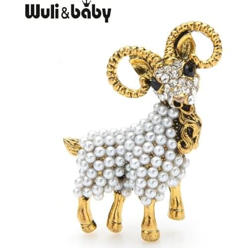 Wuli&baby Vintage Gold Pearl Goat Brooches Women Men Alloy Sheep Animal Weddings Party Brooch Pins Gifts