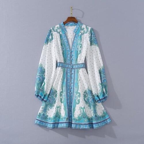 American European womens and clothing 2021 summer new style Long-sleeved v-neck Royal printing Fashionable dress