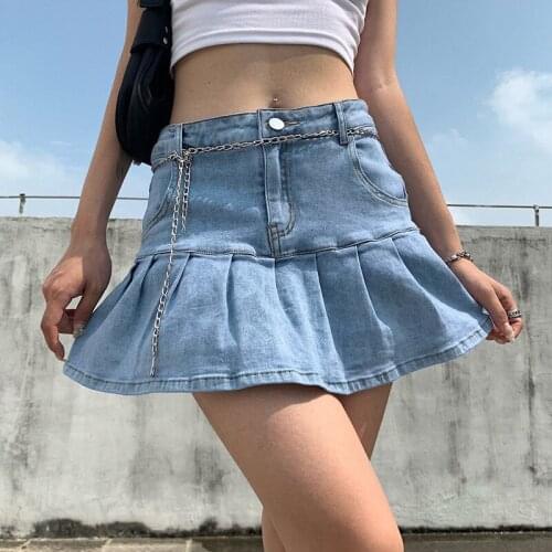 Women Jeans Skirts High Waist Pleated Skirts Zipper Mini Summer New 2021 Streetwear Bottom Y2K Skinny Blue Skirt with Line