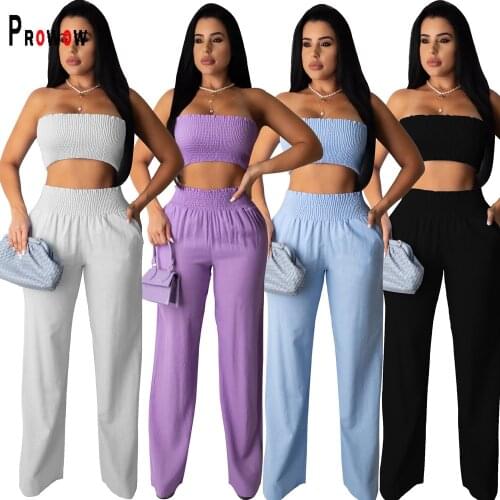 Prowow Office Lady Clothing Set Folds Corset Tops Wide Leg Pant Two Piece Fashion Women Matching Suits Summer Streetwear Outfits